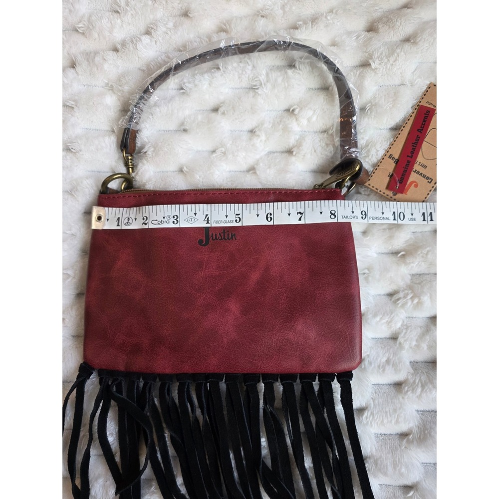 Justin Convertible Bag Leopard Print Burgundy Fringe Shoulder Bag Wristlet NEW - Picture 6 of 9